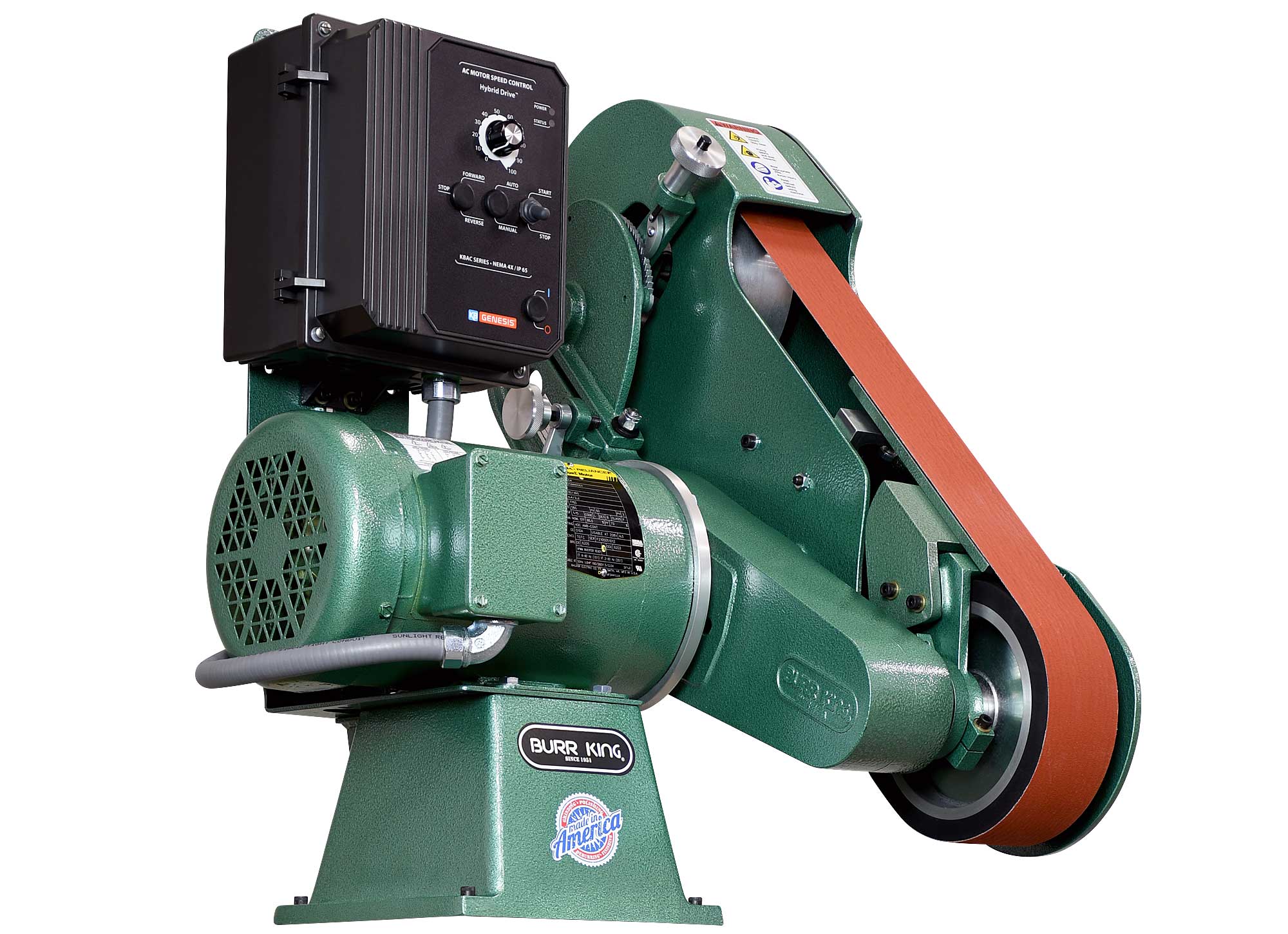 92110 variable speed Burr King belt grinder features a 2.5` x 60` belt and a powerful 1.5 HP motor